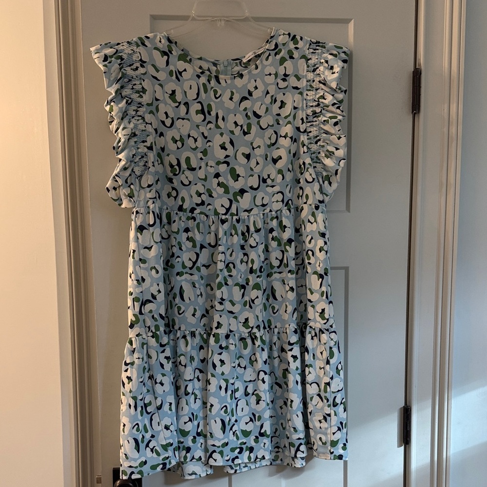 Elegant Blue and Green Printed Mini Dress